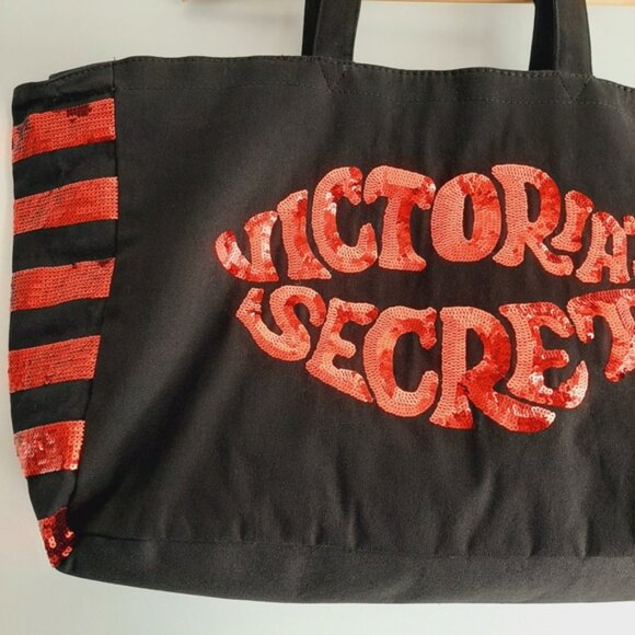 VICTORIA SECRET Canvas Red Sequin Lips Weekender Travel Shopper Tote Bag Black - Picture 2 of 13